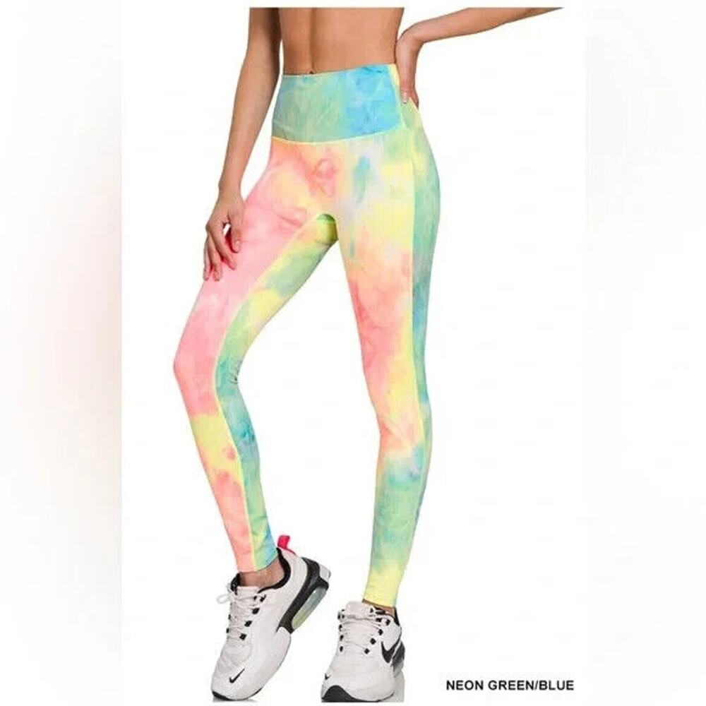 Zenana High Waist Leggings Neon Blue/Green Tie Dye Women’s L